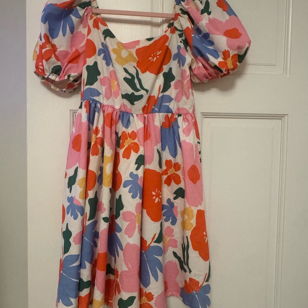 SHEIN Orange and Blue Puff Sleeve Sundress